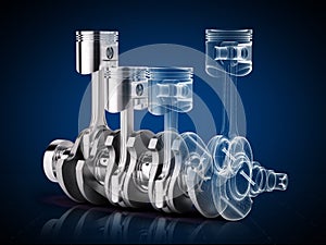 V4 engine pistons and crankshaft on blue background photo