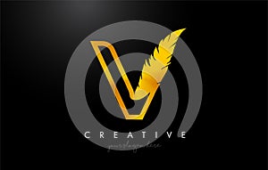 V Golden Gold Feather Letter Logo Icon Design With Feather Feathers Creative Look Vector Illustration