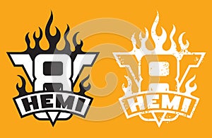 V8 Hemi engine emblem with flames and grunge option