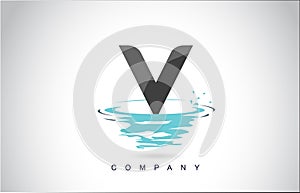 V Letter Logo Design with Water Splash Ripples Drops Reflection