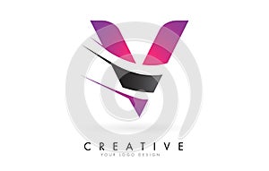 V Letter Logo with Pink and Grey Colorblock Design and Creative Cut
