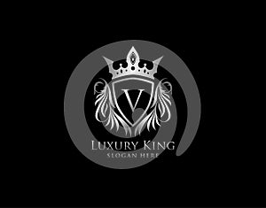 V Letter Luxury Royal King Crest,  Silver Shield Logo template