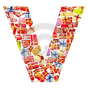 V Letter made of giftboxes