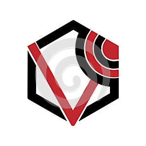 V letters logo vector arts. V logo template monogram red and black color. V polygon logo. V music logo design