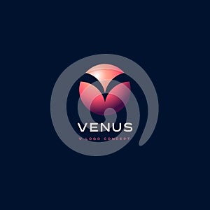 V monogram. V planet emblem. Venus logo. Pink letter like a planet.