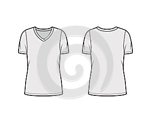 V-neck jersey t-shirt technical fashion illustration with short sleeves, oversized body, tunic length.