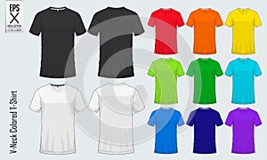 V-neck t-shirts templates. Colored shirt mockup in front view and back view for baseball, soccer, football, sportswear.Vector