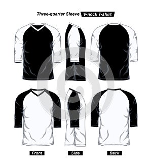 V Neck Three Quarter Sleeve Raglan T-Shirt Template, Front Side And Back, Black and White