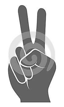 V sign hand gesture with two fingers raised for victory and peace symbol, black and white vector silhouette illustration