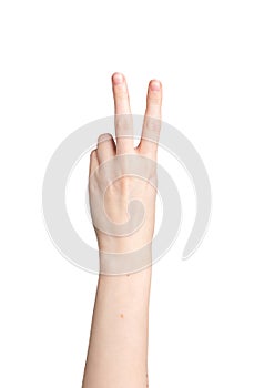 V sign, victory symbol, hand gesture isolated on white background