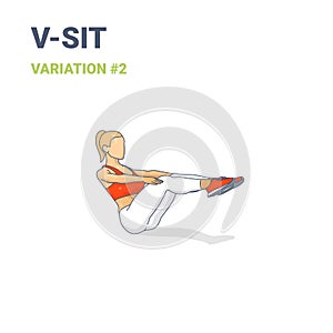 V-Sit Female Home Workout Exercise Guide Illustration Colorful Concept or Navasana Boat Yoga Pose