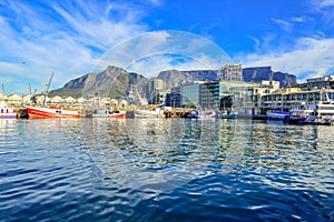 V&A  Victoria and Alfred  waterfront harbor infront of table mountain in cape town