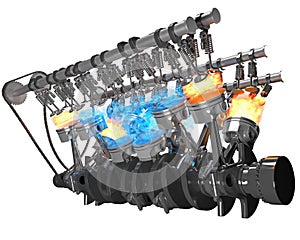 V12 Engine pistons Ignition on white background 3D rendering