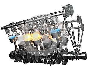 V12 Engine pistons Ignition on white background 3D rendering