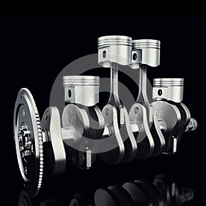 V4 engine pistons and cog on black background. Pistons and crankshaft. Four cylinder engine. V4 Car engine. Concept of