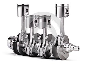 V4 engine pistons and crankshaft on white background