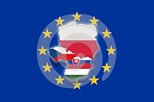 V4 Visegrad group on Euro flag, Poland, Czech Republic, Slovakia, Hungary