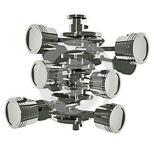 V6 engine pistons in top view. 3D image