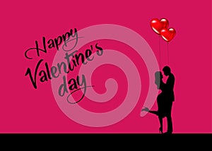 Valentine`s Day, love and relationships. Beautiful couple with balloons in the shape of red hearts, fashion pink color background