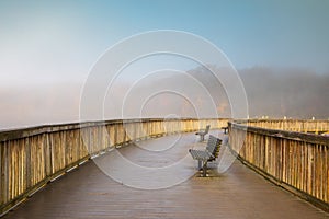 VA Empty Boardwalk Lake Fairfax Park Foggy Morning