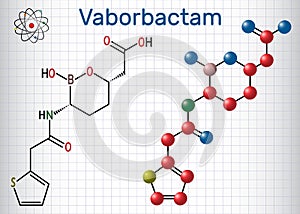 Vaborbactam drug molecule. Beta-lactamase inhibitor, is used with meropenem for intravenous administration. Sheet of paper in a