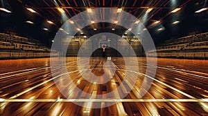 Vacant basketball court with a warm, reflective wooden surface. Sports facility under bright lights. Concept of