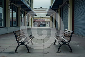 vacant benches between closed storefronts