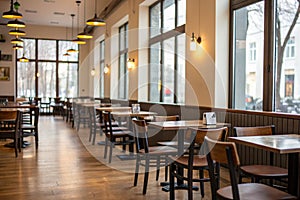 Empty cafe space with tables and chairs
