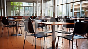 Vacant cafeteria tables and chairs