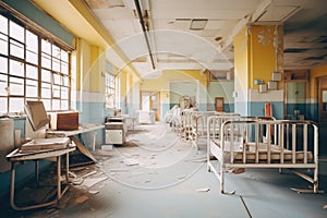 vacant hospital ward with rusted beds