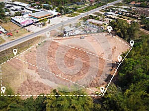 vacant land management land reclamation for land plot for building house aerial view, land pins location for housing subdivision