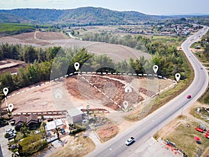 vacant land management land reclamation for land plot for building house aerial view, land pins location for housing subdivision