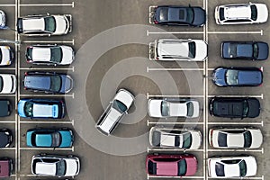 The only vacant parking space in parking lot. Navigation in the car park. Searching for vacant space for parking. The parking is j