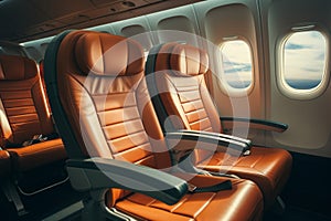 Vacant passenger seats inside an aircrafts cabin, portraying an empty plane photo