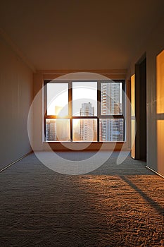 Vacant room, spotless carpet, windows open to fresh air, dusk light, straight-on perspective photo