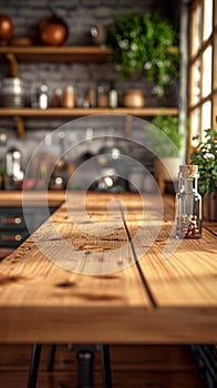 Vacant wooden table, kitchen space ready for meals and conviviality