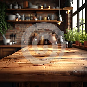 Vacant wooden table, kitchen space ready for meals and conviviality photo