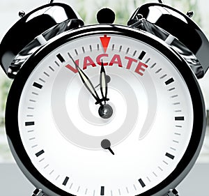 Vacate soon, almost there, in short time - a clock symbolizes a reminder that Vacate is near, will happen and finish quickly in a