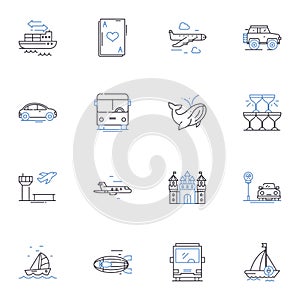 Vacating line icons collection. Relaxation, Escape, Adventure, Exploration, Journey, Fun, Excitement vector and linear