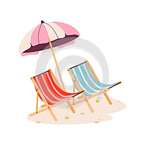 Vacation beach chairs sunbed with umbrella, wooden deck chair. Summertime relax.