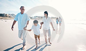 Vacation, beach and grandparents walking child together at the sea or ocean bonding for love, care and happiness. Happy