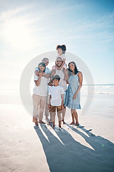 Vacation, beach and portrait of happy family together at the sea or ocean bonding for love, care and happiness. Happy