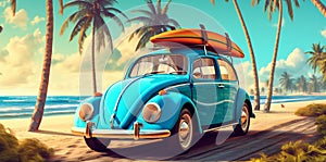 vacation beach summer travel retro vintage car trip road tropical. Generative AI.
