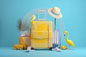 vacation blue flamingo travel concept summer yellow sunglasses suitcase background accessory. Generative AI.