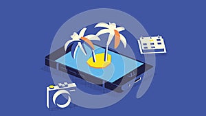 Vacation booking flat isometric low poly vector concept. Palms, photo camera and calendar.