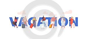 Vacation, Business Trip, Travel Concept. Men and Woman with Suitcase in Airport. Tourist Characters with Luggage