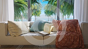 Vacation concept background with interior elements,palms and open book