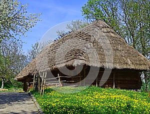 Vacation in the country. Traditional log hut. Old house on spring landscape. Village cottage. Building made of wood with