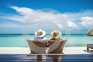 Vacation, couple on the beach near swimming pool, luxury travel. Generative AI