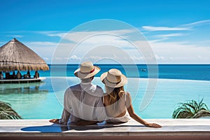 Vacation, couple on the beach near swimming pool, luxury travel. Generative AI